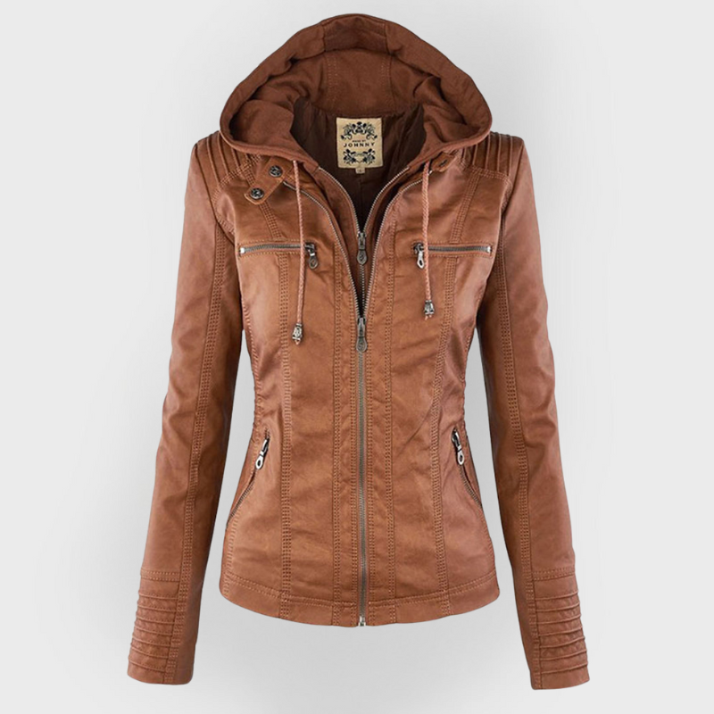 Studio shot of a women's fitted faux leather biker jacket in a warm cognac/light brown colour. The jacket has a front zipper closure, zippered chest and side pockets, detailed quilted shoulder and cuff panels, and an integrated fabric hood with drawstrings. The fit is clearly tailored and slim. Focus on the fitted silhouette and the texture of the faux leather.
