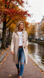 Althora Valentina Knit – beige long cardigan with buttons, styled with jeans and white tee