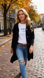 Althora Valentina Knit – beige long cardigan with buttons, styled with jeans and white tee