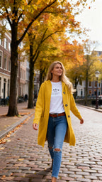 Althora Valentina Knit – beige long cardigan with buttons, styled with jeans and white tee