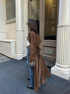 “ALTHORA™ Soiré Luxe Suede Trench – long brown suede trench coat for women, elegant and timeless design.”