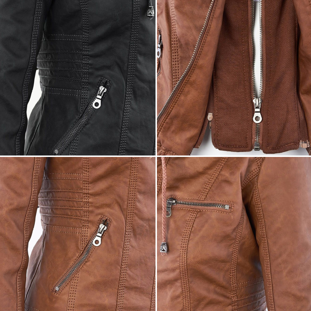Studio shot of a women's fitted faux leather biker jacket in a warm cognac/light brown colour. The jacket has a front zipper closure, zippered chest and side pockets, detailed quilted shoulder and cuff panels, and an integrated fabric hood with drawstrings. The fit is clearly tailored and slim. Focus on the fitted silhouette and the texture of the faux leather.