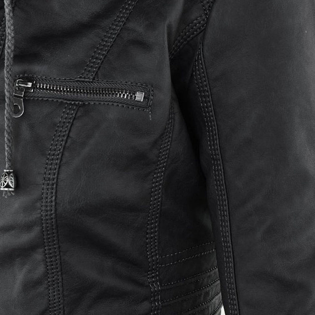 Studio shot of a women's fitted faux leather biker jacket in a warm cognac/light brown colour. The jacket has a front zipper closure, zippered chest and side pockets, detailed quilted shoulder and cuff panels, and an integrated fabric hood with drawstrings. The fit is clearly tailored and slim. Focus on the fitted silhouette and the texture of the faux leather.