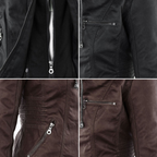 Studio shot of a women's fitted faux leather biker jacket in a warm cognac/light brown colour. The jacket has a front zipper closure, zippered chest and side pockets, detailed quilted shoulder and cuff panels, and an integrated fabric hood with drawstrings. The fit is clearly tailored and slim. Focus on the fitted silhouette and the texture of the faux leather.
