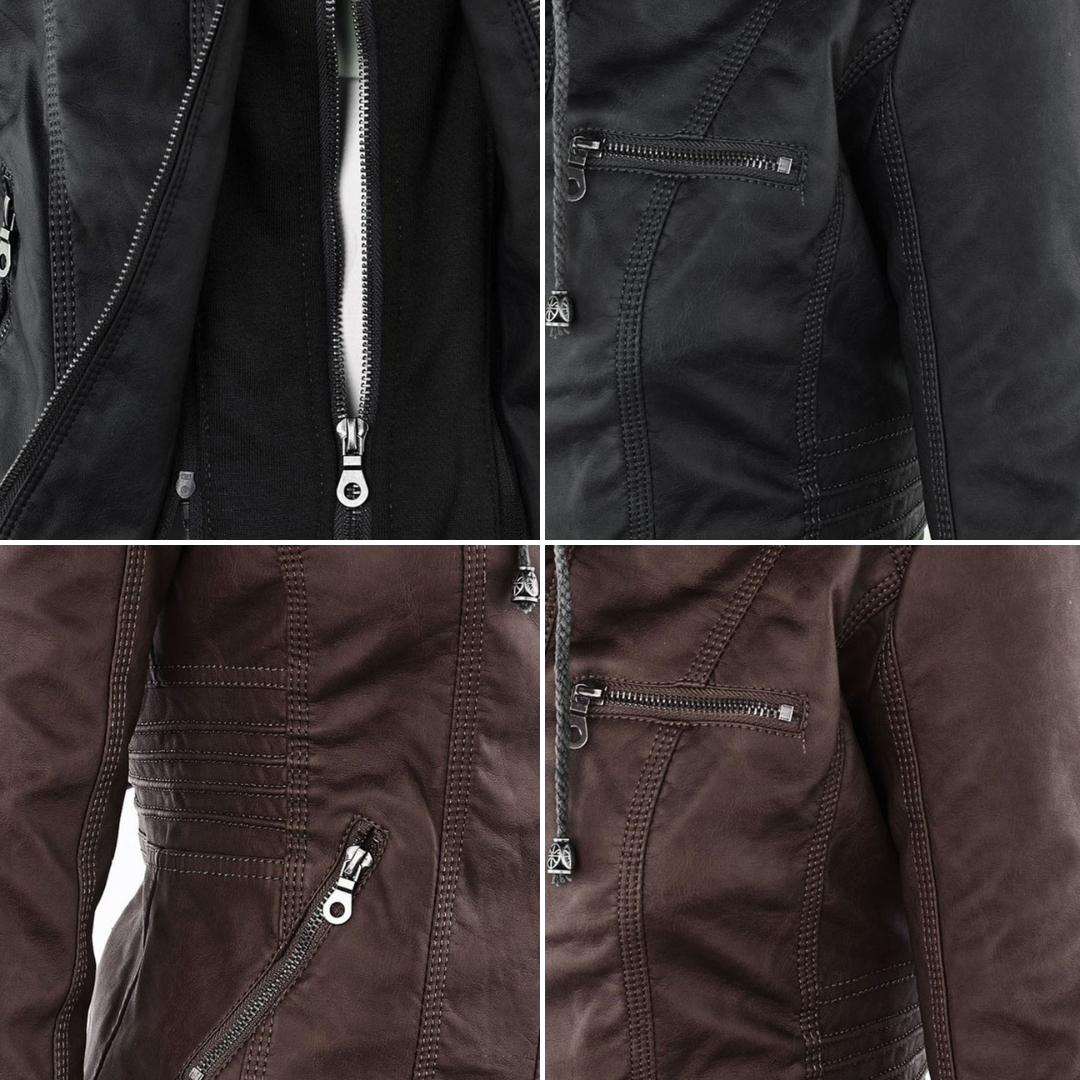 Studio shot of a women's fitted faux leather biker jacket in a warm cognac/light brown colour. The jacket has a front zipper closure, zippered chest and side pockets, detailed quilted shoulder and cuff panels, and an integrated fabric hood with drawstrings. The fit is clearly tailored and slim. Focus on the fitted silhouette and the texture of the faux leather.