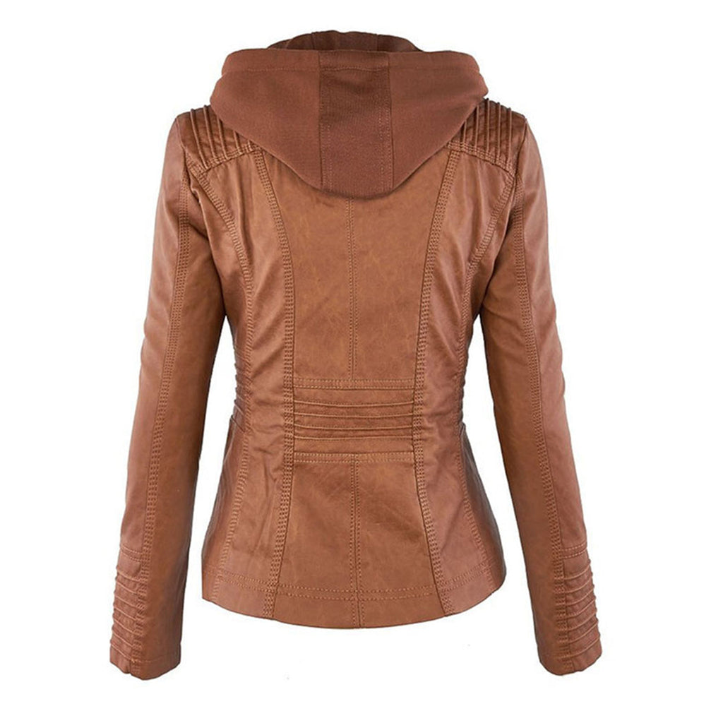 Studio shot of a women's fitted faux leather biker jacket in a warm cognac/light brown colour. The jacket has a front zipper closure, zippered chest and side pockets, detailed quilted shoulder and cuff panels, and an integrated fabric hood with drawstrings. The fit is clearly tailored and slim. Focus on the fitted silhouette and the texture of the faux leather.