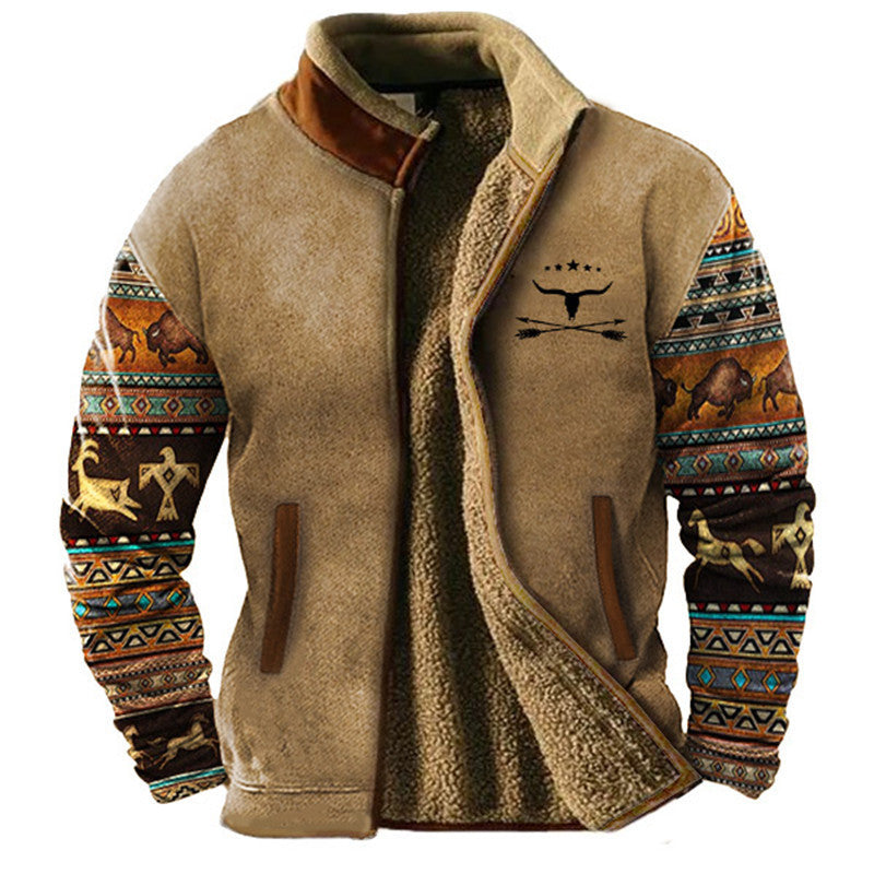 ALTHORA Tribal Mesa Fleece Jacket with full sherpa lining, featuring a tan body, contrasting brown collar trim, and colorful Aztec/tribal print sleeves with a central bison skull and arrows graphic.