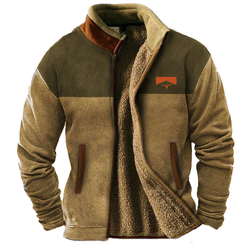ALTHORA Tribal Mesa Fleece Jacket with full sherpa lining, featuring a tan body, contrasting brown collar trim, and colorful Aztec/tribal print sleeves with a central bison skull and arrows graphic.