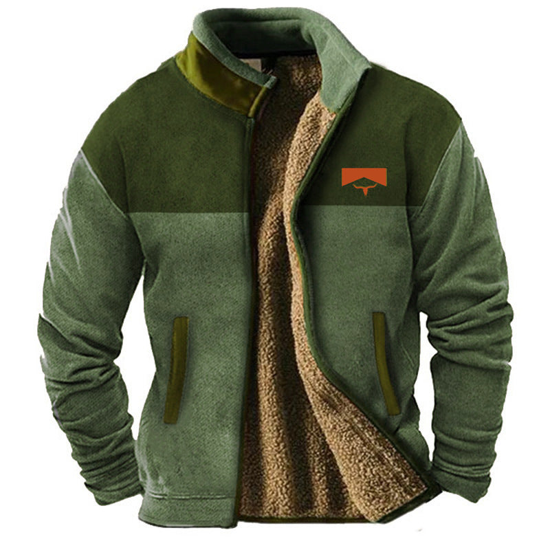 ALTHORA Tribal Mesa Fleece Jacket with full sherpa lining, featuring a tan body, contrasting brown collar trim, and colorful Aztec/tribal print sleeves with a central bison skull and arrows graphic.