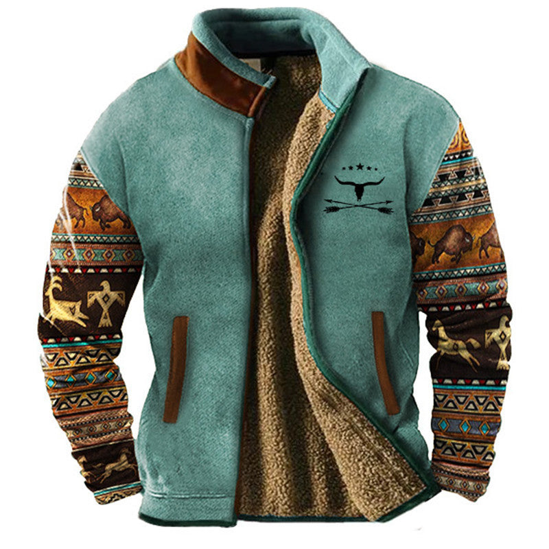 ALTHORA Tribal Mesa Fleece Jacket with full sherpa lining, featuring a tan body, contrasting brown collar trim, and colorful Aztec/tribal print sleeves with a central bison skull and arrows graphic.
