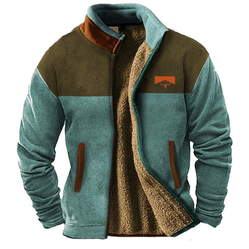 ALTHORA Tribal Mesa Fleece Jacket with full sherpa lining, featuring a tan body, contrasting brown collar trim, and colorful Aztec/tribal print sleeves with a central bison skull and arrows graphic.