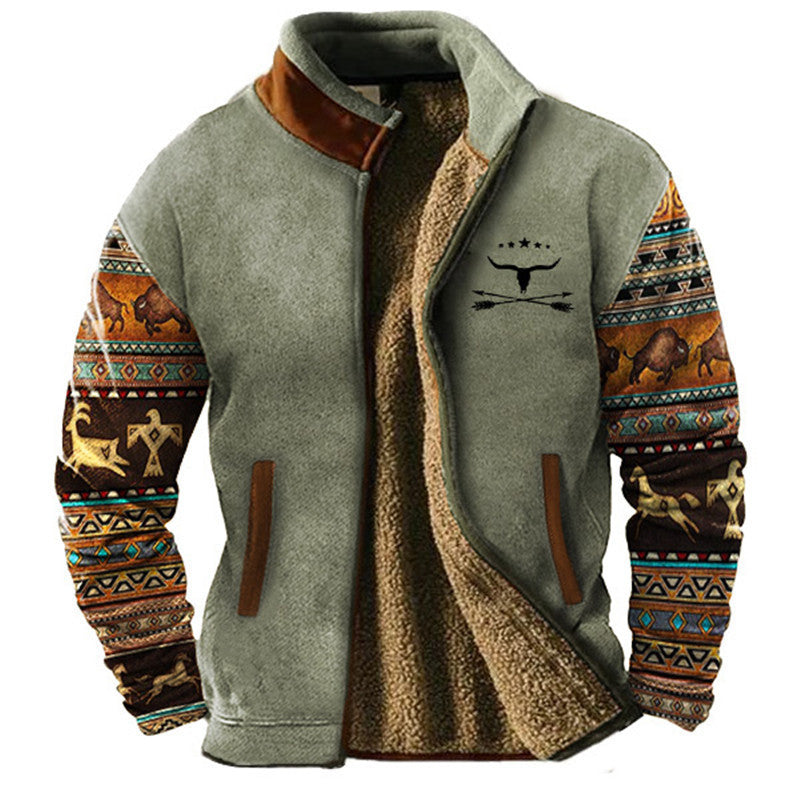 ALTHORA Tribal Mesa Fleece Jacket with full sherpa lining, featuring a tan body, contrasting brown collar trim, and colorful Aztec/tribal print sleeves with a central bison skull and arrows graphic.