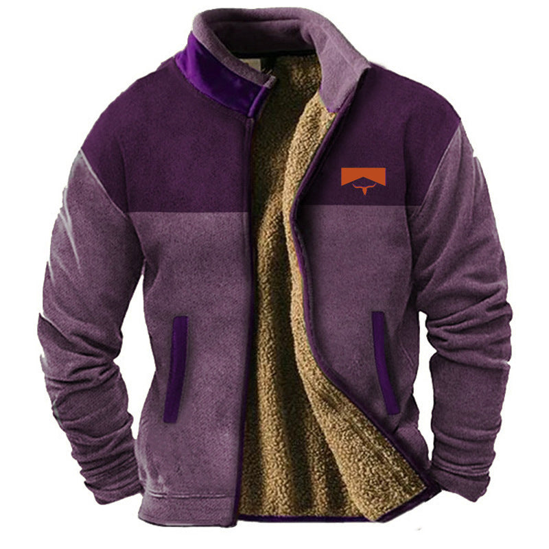 ALTHORA Tribal Mesa Fleece Jacket with full sherpa lining, featuring a tan body, contrasting brown collar trim, and colorful Aztec/tribal print sleeves with a central bison skull and arrows graphic.