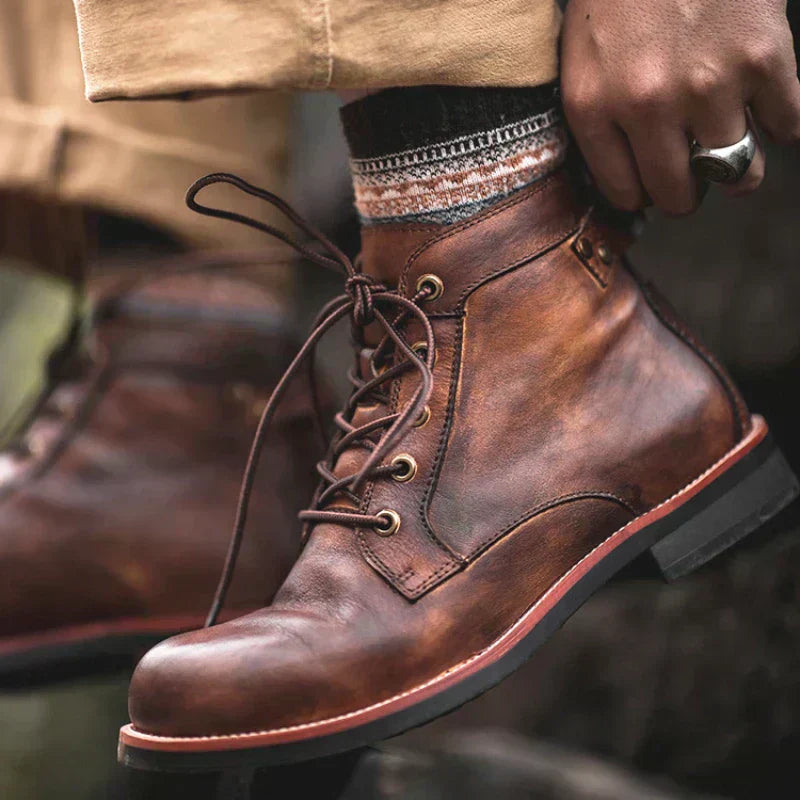 “ALTHORA™ Vintage Valor Boots — brown handcrafted leather lace-up boots with classic design and durable sole.”