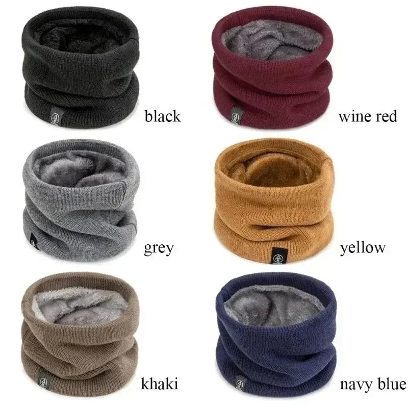 Collage of multiple colours of the ALTHORA fleece-lined thermal neck gaiter/snood. The exterior is a textured rib knit, and the interior lining is visible as a soft, grey fleece/sherpa material. Colours shown include brown, black, navy, grey, mustard, and burgundy. Focus on the plush texture and the variety of colours.
