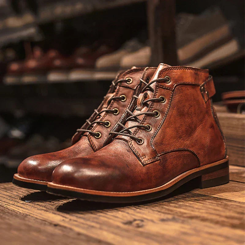 “ALTHORA™ Vintage Valor Boots — brown handcrafted leather lace-up boots with classic design and durable sole.”