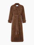 “ALTHORA™ Soiré Luxe Suede Trench – long brown suede trench coat for women, elegant and timeless design.”