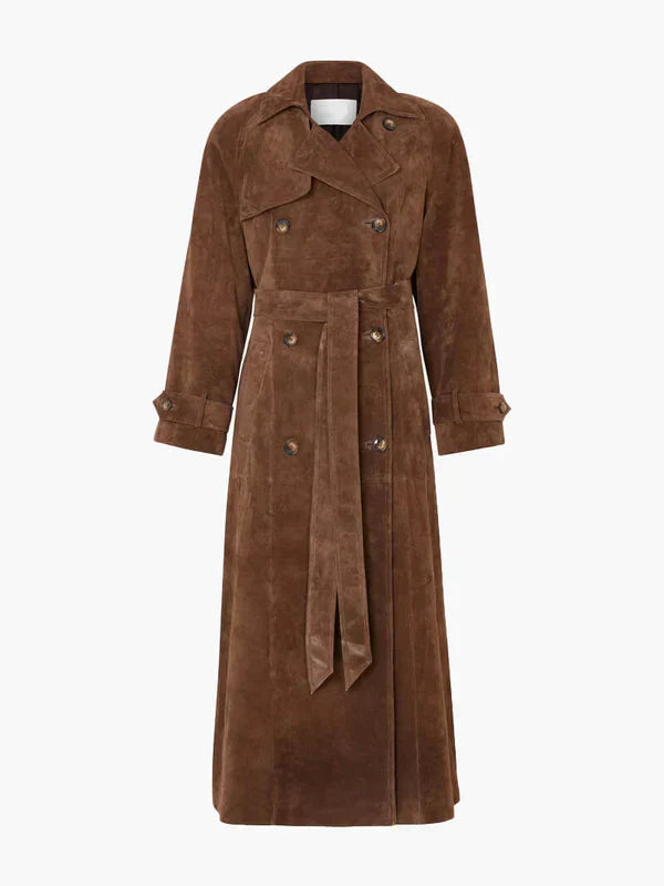“ALTHORA™ Soiré Luxe Suede Trench – long brown suede trench coat for women, elegant and timeless design.”