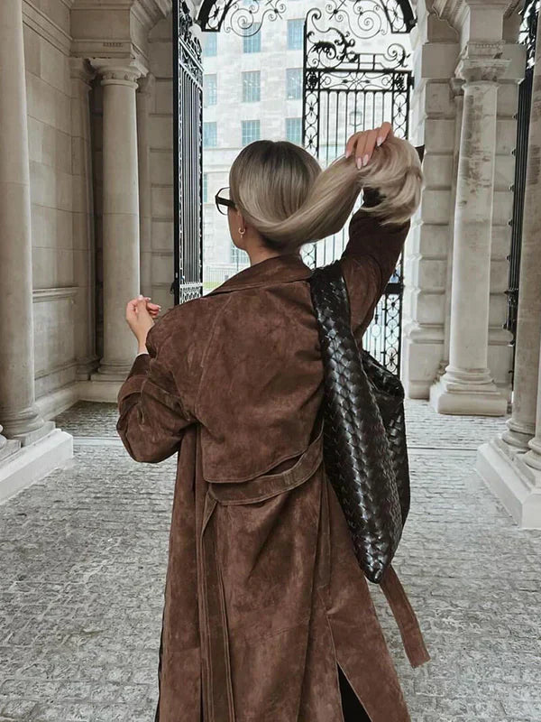 “ALTHORA™ Soiré Luxe Suede Trench – long brown suede trench coat for women, elegant and timeless design.”
