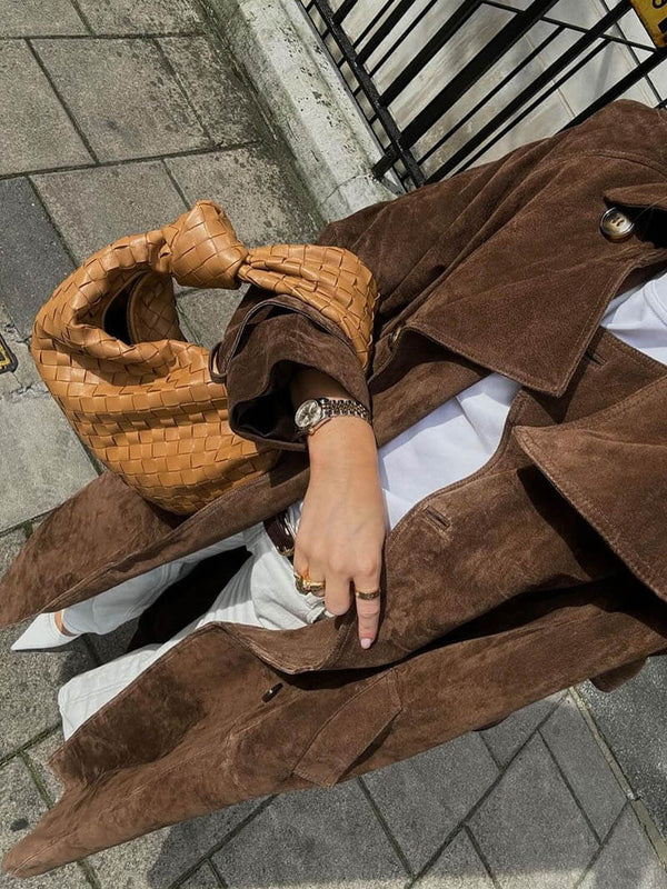 “ALTHORA™ Soiré Luxe Suede Trench – long brown suede trench coat for women, elegant and timeless design.”