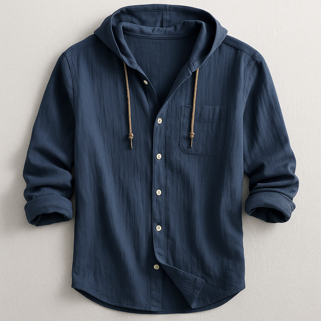 Close-up of a men's long-sleeve, dark navy blue/indigo hooded shirt made from a textured linen-blend fabric. The shirt has a full button-down front with light-coloured buttons, a chest pocket, and a hood with thick, light brown rope drawstrings tied in knots. The sleeves are rolled up to a three-quarter length. Focus on the fabric texture and the hoodie detail.