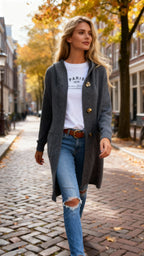 Althora Valentina Knit – beige long cardigan with buttons, styled with jeans and white tee