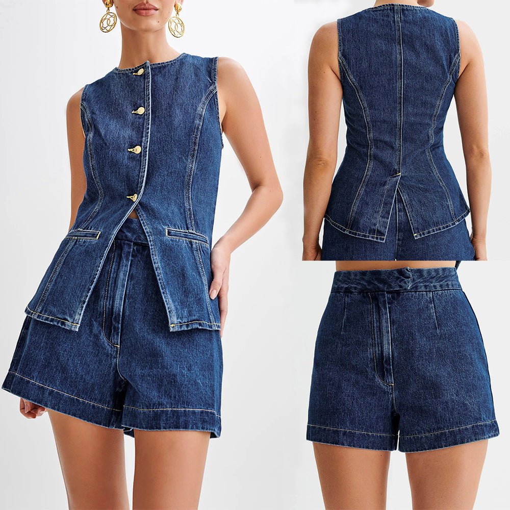 Model wearing a washed black denim sleeveless waistcoat/vest with a high crew neckline, front buttons, and a cinched waist that flares out into a structured, split peplum hem. The vest is paired with matching high-waisted denim shorts (as a set). Focus on the tailored fit and the unique peplum silhouette.